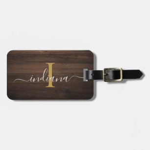 Elegante Monogram Script Rustic Wood Look Bagagelabel