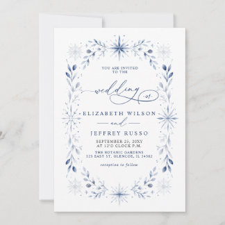 Elegante Monogram Sneeuwvlokken Blauwe Winter Huwe Kaart