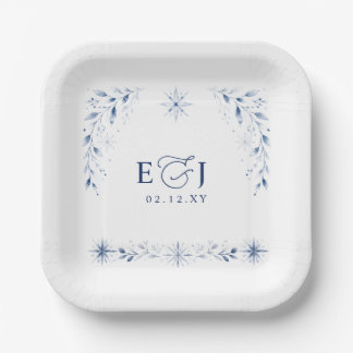 Elegante Monogram Sneeuwvlokken Blauwe Winter Huwe Papieren Bordje