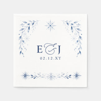 Elegante Monogram Sneeuwvlokken Blauwe Winter Huwe Servet