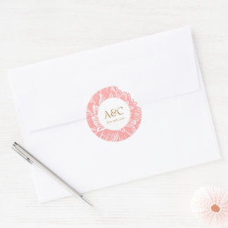 Elegante Monogram Stof Roze Bloemige Trouwsticker Ronde Sticker