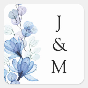 Elegante Monogram Stofblauw Bloemige Trouwdag Vierkante Sticker