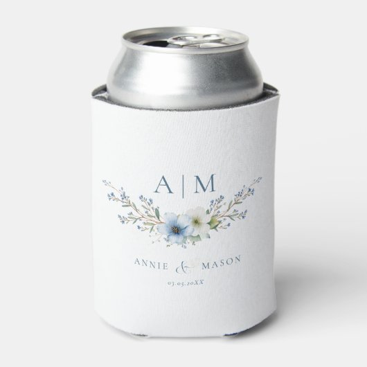 Elegante Monogram Stofblauwe Bruiloft Blikjeskoeler (Blikje Voorkant)