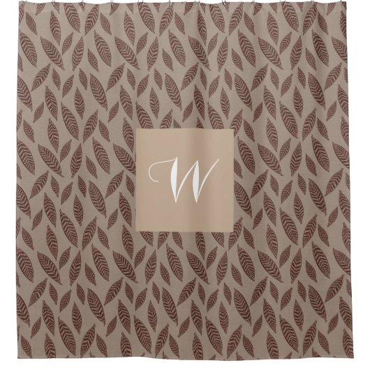 Elegante Monogram Taupe & Crème Blokprint Bladeren Douchegordijn (Voorkant)