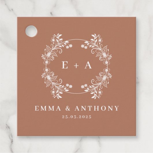 Elegante Monogram Terracota bruiloft Bedankjes Labels (Voorkant)