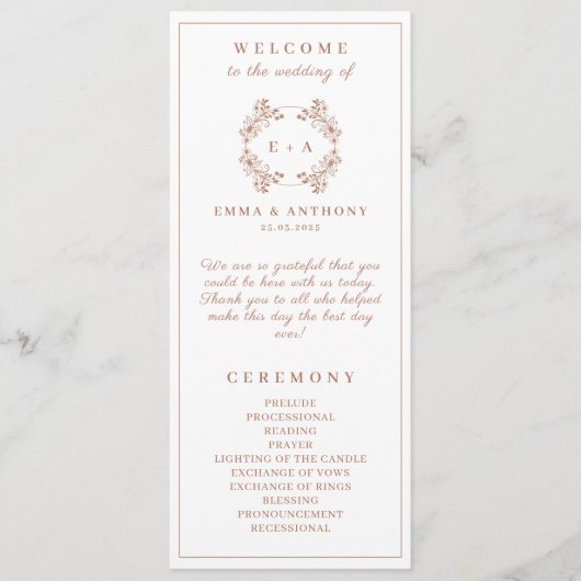 Elegante Monogram Terracota bruiloft Programmakaart (Voorkant)