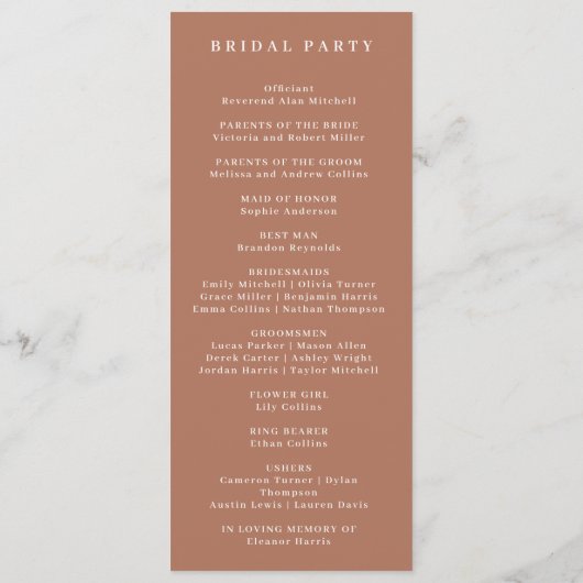 Elegante Monogram Terracota bruiloft Programmakaart (Achterkant)