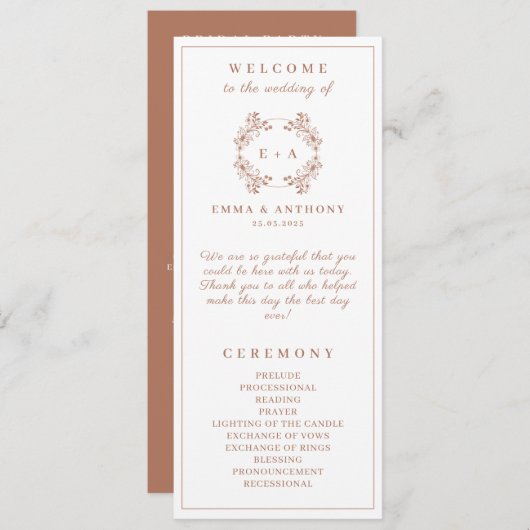 Elegante Monogram Terracota bruiloft Programmakaart (Voorkant / Achterkant)