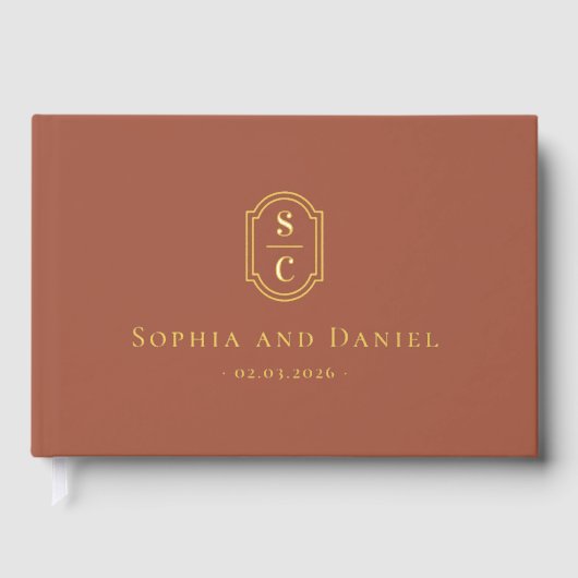 Elegante monogram terracotta bruiloft namen datum gastenboek (Voorkant)
