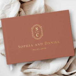 Elegante monogram terracotta bruiloft namen datum gastenboek