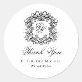 Elegante Monogram Trouw Crest Bedankt Ronde Sticker (Voorkant)