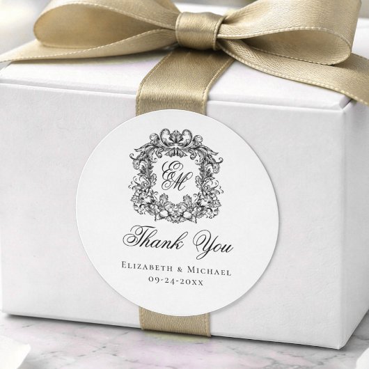Elegante Monogram Trouw Crest Bedankt Ronde Sticker