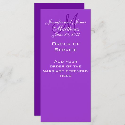 Elegante Monogram Trouwkerkprogramma's Paarse Programmakaart (Voorkant / Achterkant)