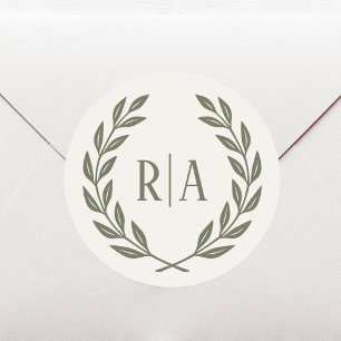 Elegante Monogram Trouwkrans Groene Crème Ronde Sticker