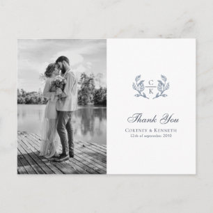 Elegante Monogram Wapen Foto Frans Blauwe Huwelijk Briefkaart