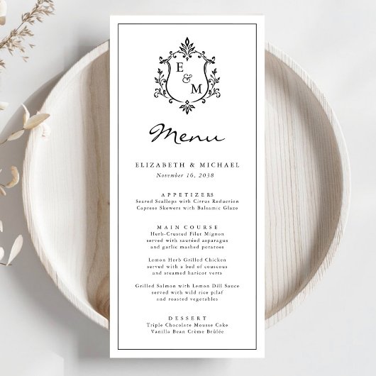 Elegante Monogram Wapen Huwelijksmenu Programmakaart