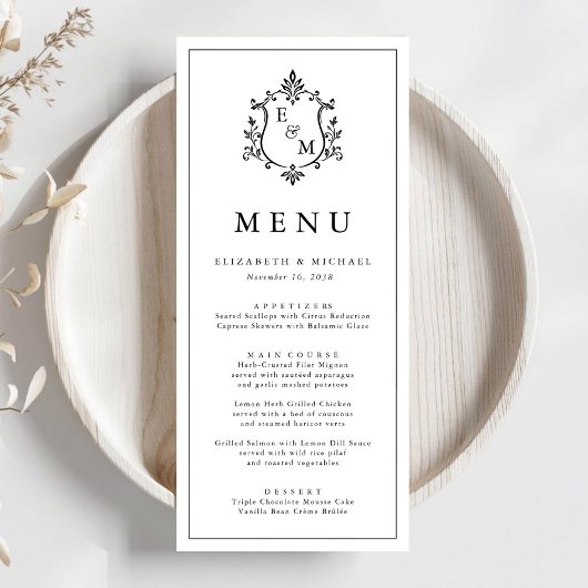 Elegante Monogram Wapen Huwelijksmenu Programmakaart