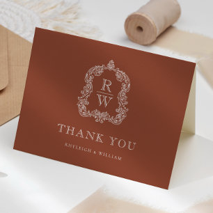Elegante Monogram Wapen Terracotta Huwelijk Bedankkaart