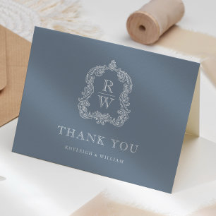 Elegante Monogram Wapenschild Stofblauw Huwelijk Bedankkaart