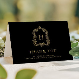Elegante Monogram Wapenschild Zwart Goud Afstudere Bedankkaart