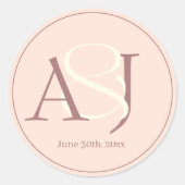 Elegante Monogram Warme Rosa Aardtinten Bruiloft Ronde Sticker (Voorkant)