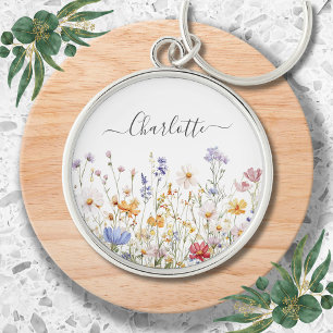 Elegante Monogram Watercolor Kleurrijke Wilde Bloe Sleutelhanger