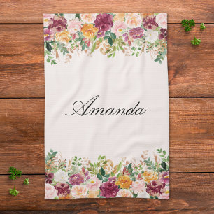 Elegante Monogram Watercolor Rozen Tuin Bloemen Theedoek