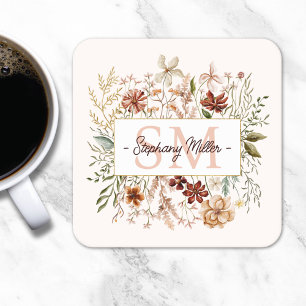 Elegante Monogram Waterverf Herfst Wilde Bloem Blo Kartonnen Onderzetters