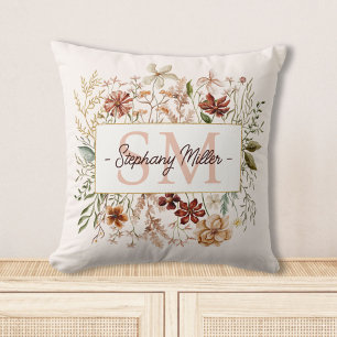 Elegante Monogram Waterverf Herfst Wilde Bloem Blo Kussen