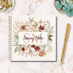 Elegante Monogram Waterverf Herfst Wilde Bloem Blo Notitieboek