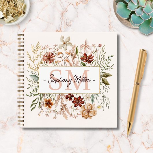 Elegante Monogram Waterverf Herfst Wilde Bloem Blo Notitieboek