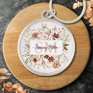 Elegante Monogram Waterverf Herfst Wilde Bloem Blo Sleutelhanger