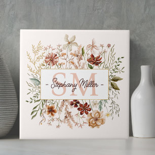 Elegante Monogram Waterverf Herfst Wilde Bloem Blo Tegeltje