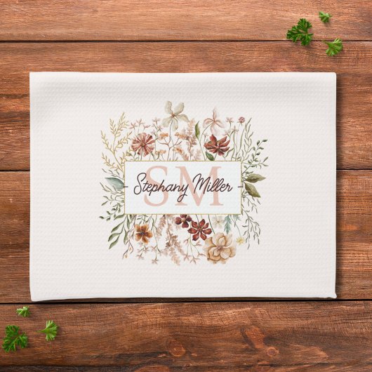 Elegante Monogram Waterverf Herfst Wilde Bloem Blo Theedoek
