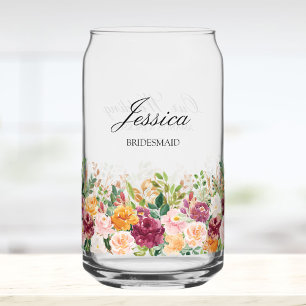 Elegante Monogram Waterverf Roos Bloem Bruidsmeisj Blikvorm Glas