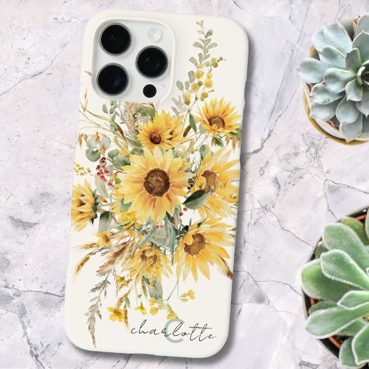 Elegante Monogram Waterverf Zonnebloem Boeket Case-Mate iPhone Case