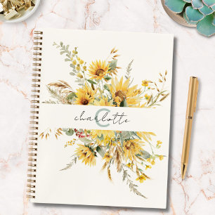 Elegante Monogram Waterverf Zonnebloem Boeket Notitieboek