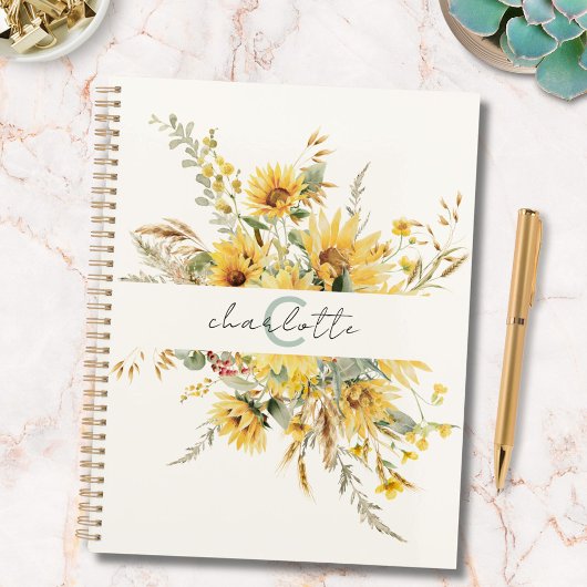 Elegante Monogram Waterverf Zonnebloem Boeket Planner