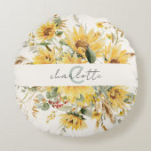 Elegante Monogram Waterverf Zonnebloem Boeket Rond Kussen (Voorkant)