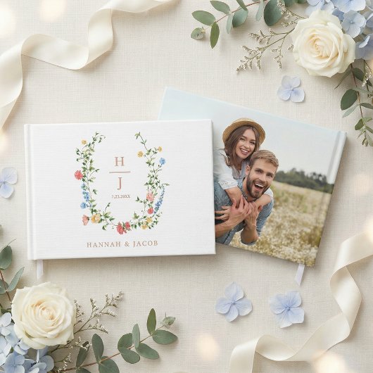 Elegante Monogram Wildflower Bruiloft  Gastenboek