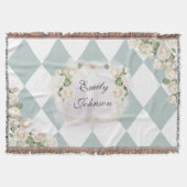 Elegante Monogram Wit Rozen Groene Bladeren Diaman Deken (Voorkant)