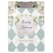 Elegante Monogram Wit Rozen Groene Bladeren Diaman Klembord (Voorkant)