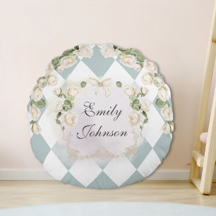Elegante Monogram Wit Rozen Groene Bladeren Diaman Rond Kussen