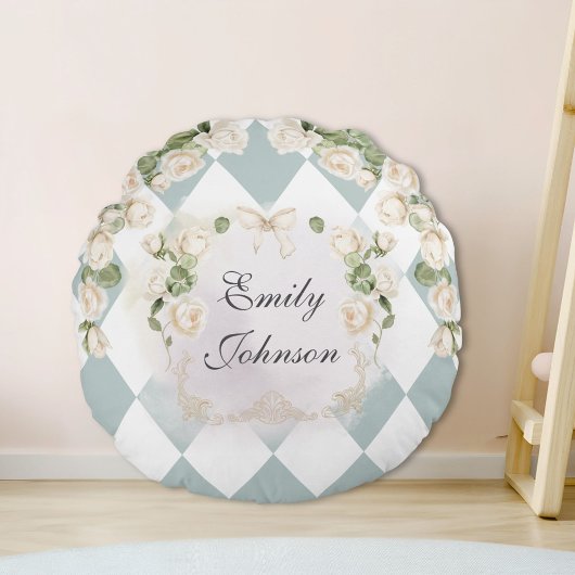 Elegante Monogram Wit Rozen Groene Bladeren Diaman Rond Kussen