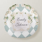 Elegante Monogram Wit Rozen Groene Bladeren Diaman Rond Kussen (Voorkant)