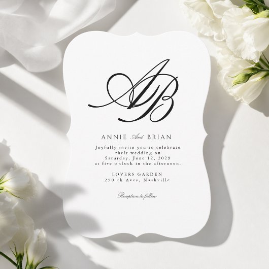 Elegante Monogram Wit Zwart Bruiloft Kaart
