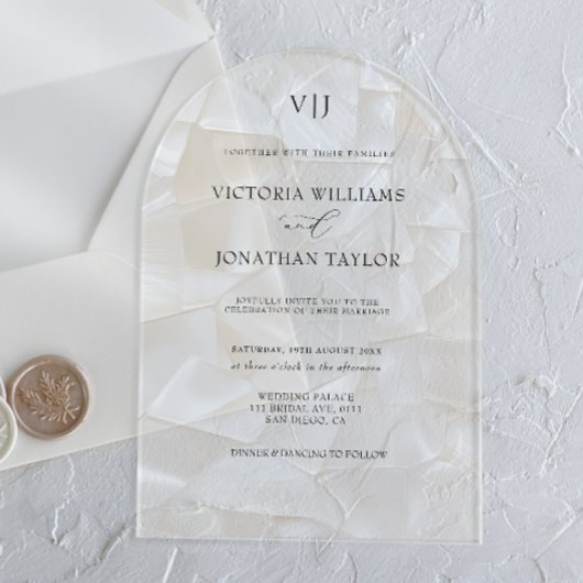 Elegante Monogram Witte Huwelijk Acryl Uitnodigingen
