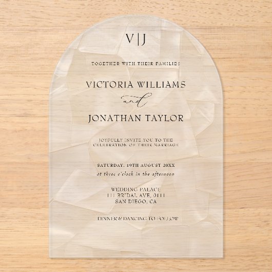 Elegante Monogram Witte Huwelijk Acryl Uitnodigingen (Voorkant)