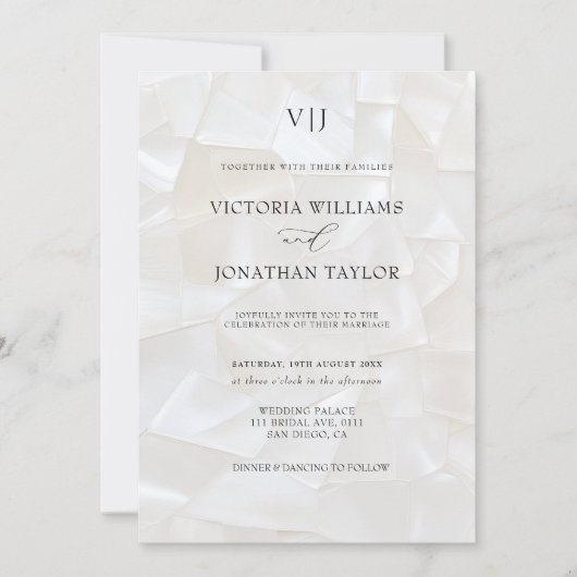 Elegante Monogram Witte Huwelijksuitnodiging Kaart (Voorkant)