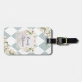 Elegante Monogram Witte Rozen Groene Bladeren Diam Bagagelabel (Voorkant horizontaal)